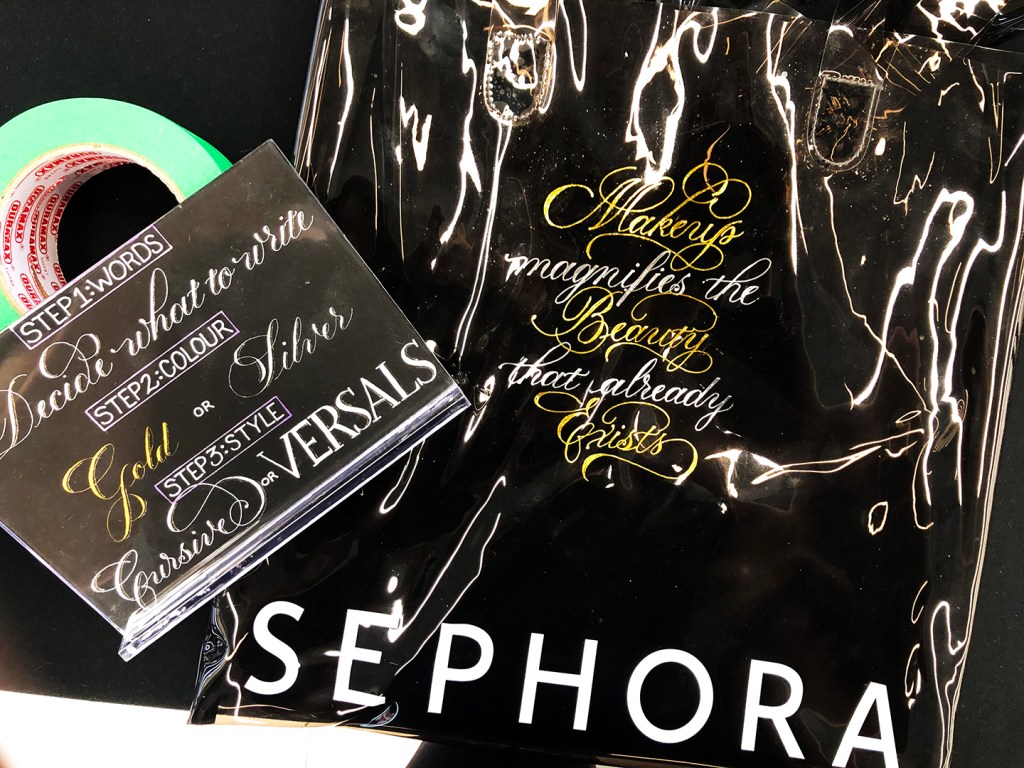 Sephora gift bag tote bag engraved by hand during a luxury event at Sephora

Hot Foiled

makeup magnifies the beauty that already exists 

xm marketing, experiential marketing, event animations, marketing events, luxury events 

calligraphy, engraving 