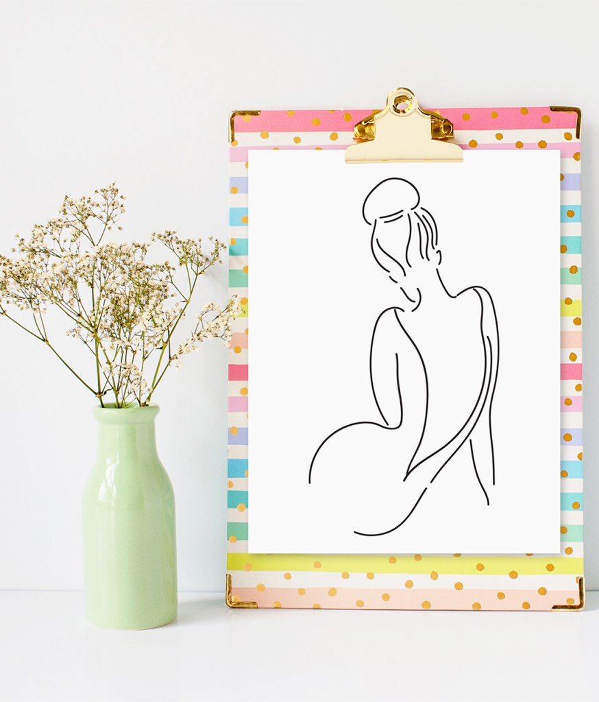 female silhouette line art drawing for decor, accessories or cards.  Design is available as a vector image.  Available art for art licensing

women's bak with hair in a bun.  sitting and leaning to one side